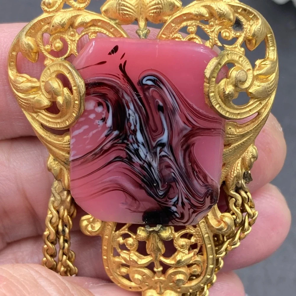 Vintage French Pink Art Glass Vase Chain Swag Brooch